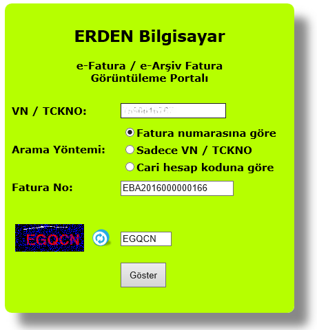 e-Fatura Görüntüleme Portal Girişi
